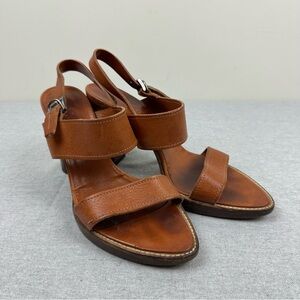 Prada Cognac Brown Leather Slingback Platform Stacked Heel Sandals, 40